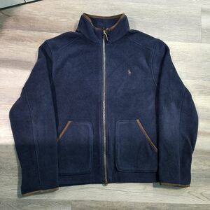 Polo Ralph Lauren Navy Fleece Jacket Leather Trim Men’s XL